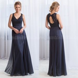 Belsoie Navy Chiffon Lace Gown Bridesmaid Dress